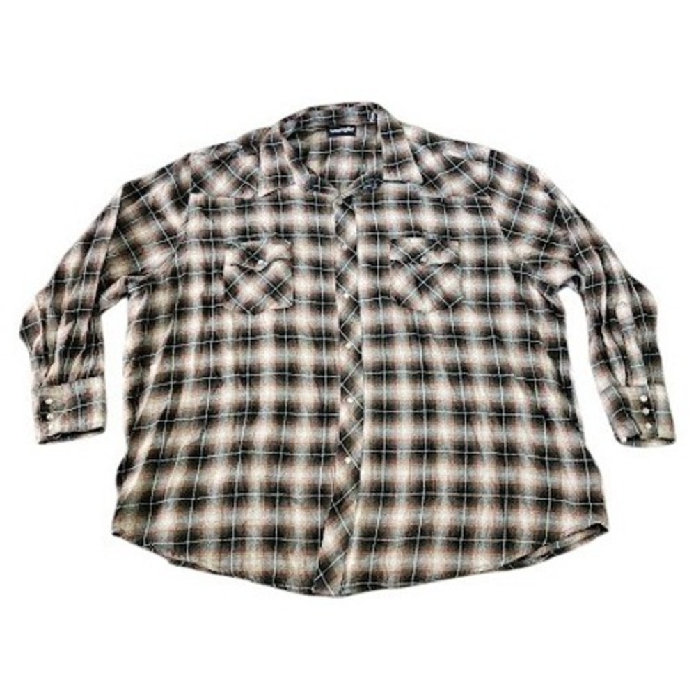 Vintage Wrangler Western Pearl Snap Men 4XL Plaid Shirt Brown Long Sleeve
